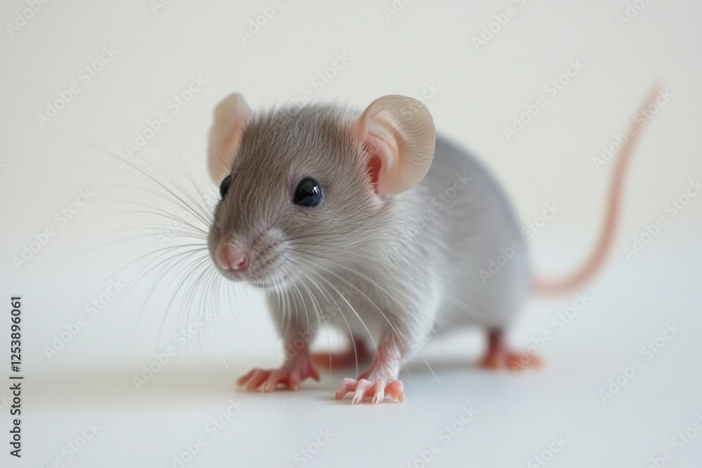 A small mouse stands on a white surface, looking up A small mouse stands on a white surface, looking up