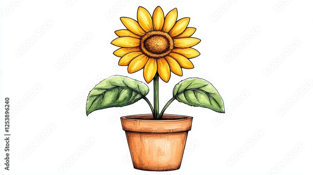 Obraz premium A cheerful sunflower in a terracotta pot, featuring vibrant yellow petals and green leaves, symbolizing warmth and positivity.