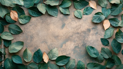 Green leaves frame a mottled brown and gray background