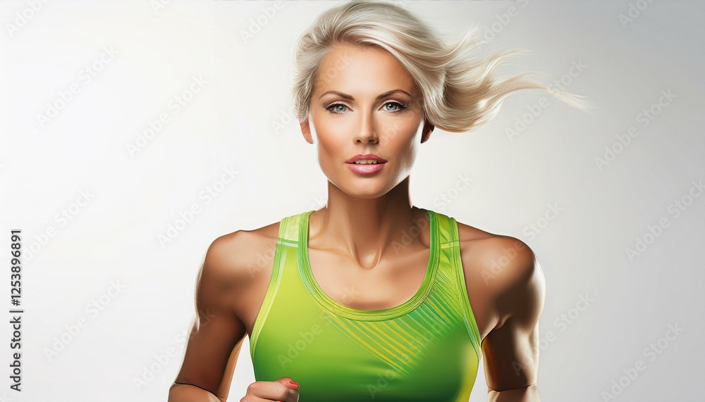 portrait of a blonde woman runner wearing a green lime top on a white background portrait of a blonde woman runner wearing a green lime top on a white background
