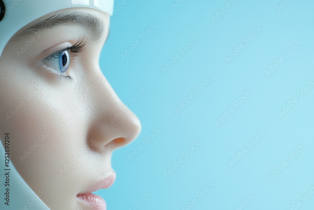 robot face profile on blue background robot face profile on blue background