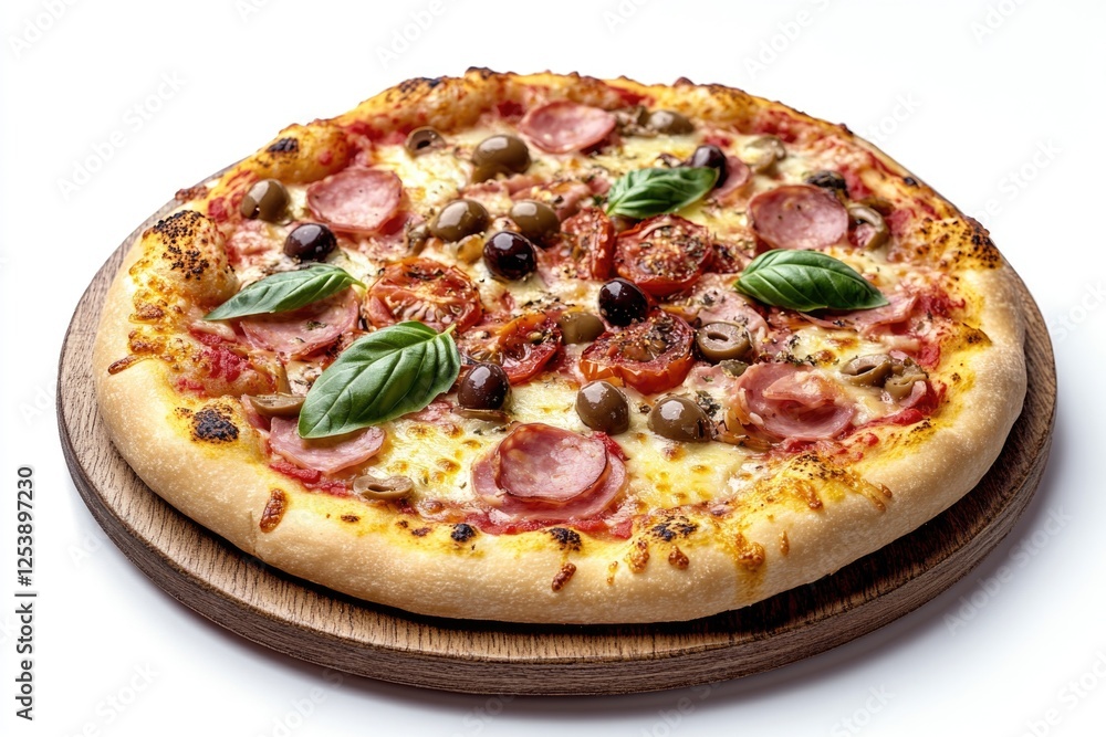 A slice of pizza sits on top of a wooden plate, ready for serving A slice of pizza sits on top of a wooden plate, ready for serving