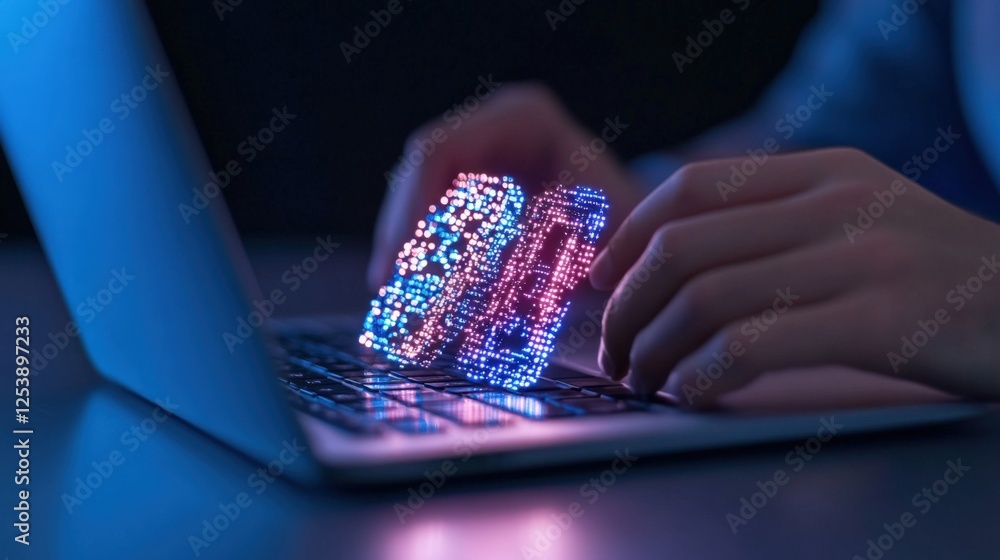 person using laptop with digital data encryption overlay person using laptop with digital data encryption overlay