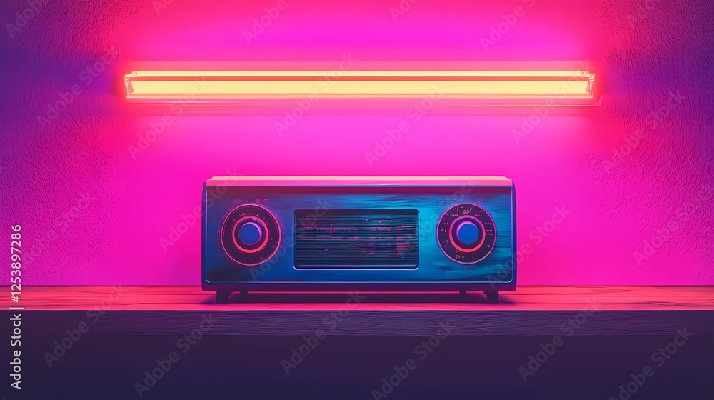 Fototapeta premium Futuristic 80s-inspired objects with a neon glow and retro design, captured in a comic book style illustration