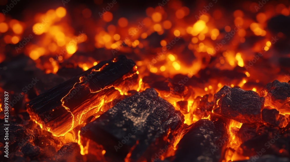 Glowing embers and burning coals close-up Glowing embers and burning coals close-up