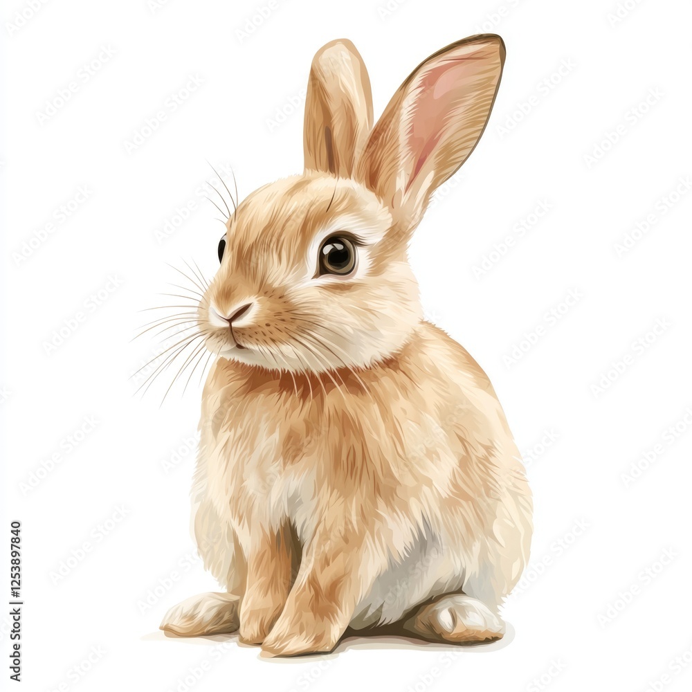 Fototapeta premium A brown rabbit sitting on the edge of a white floor, looking around curiously