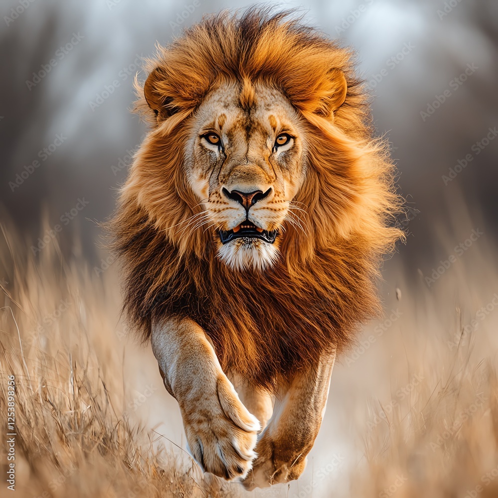 A majestic lion strides confidently through the tall golden grass. Its powerful presence and flowing mane capture the essence of the wild, embodying strength and beauty in nature. A majestic lion strides confidently through the tall golden grass. Its powerful presence and flowing mane capture the essence of the wild, embodying strength and beauty in nature.