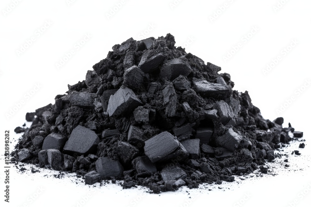 Fototapeta premium A distinct mound of black charcoal sits prominently against a stark white background, illustrating the contrast and depth of the material, evoking a sense of simplicity and rawness.