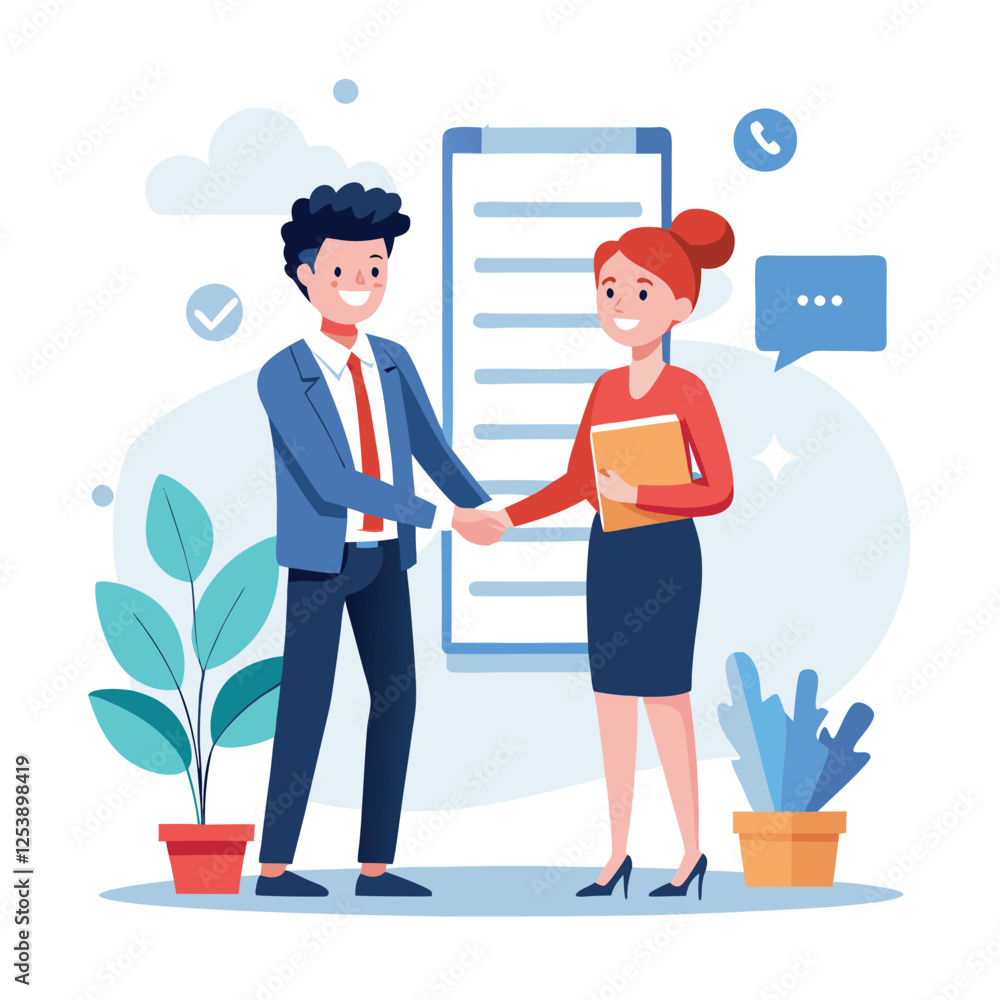 Fototapeta premium People shaking hands at work - Two businesspeople, man and woman doing handshake in office at work while smiling over business agreement and deal. Flat design stock illustration on white background