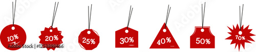 Set of red labels with different shapes and discount percentages (10%, 20%, 25%, 30%, 40%, 50%, 70%) vector illustration for promotions and marketing