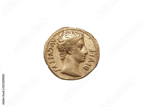 Gold aureus coin of emperor Augustus Roman Empire 27 BC-AD 14, png file cut out and isolated on a transparent background, ancient coinage stock photo image