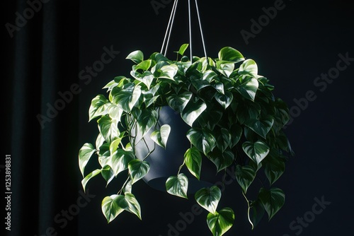 A potted plant is hanging from the ceiling in a dimly lit room photo