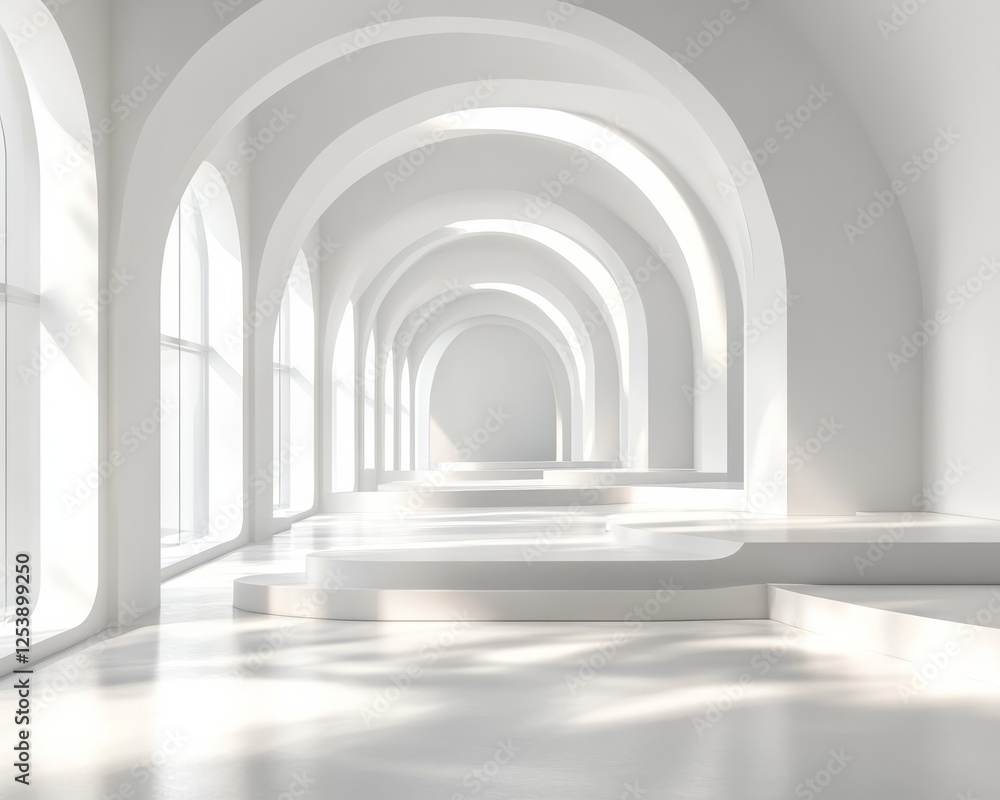 Abstract arrangement of white podiums and platforms in a seamless white space Abstract arrangement of white podiums and platforms in a seamless white space