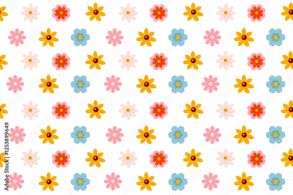 Seamless pattern with a mix of various flowers, including blue, red, yellow, and pink blossoms with green leaves. The lively and cheerful design is ideal for fabric prints, wrapping paper Seamless pattern with a mix of various flowers, including blue, red, yellow, and pink blossoms with green leaves. The lively and cheerful design is ideal for fabric prints, wrapping paper