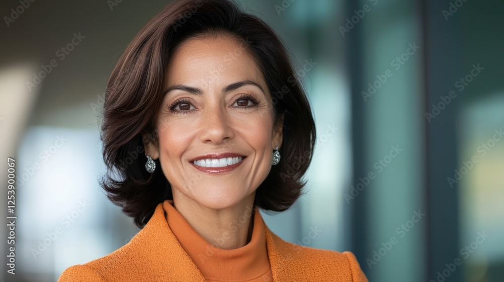Professional Woman in Orange Jacket Smiling Confidently. Professional Woman in Orange Jacket Smiling Confidently.