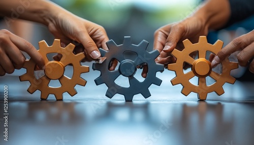 Hands Connecting Wooden And Metal Gears On Dark Table