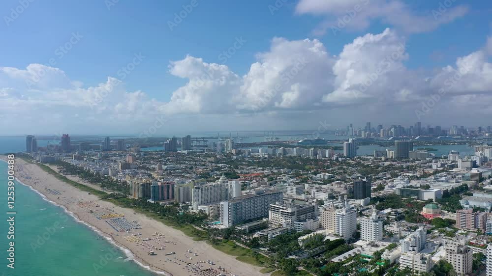 MIAMI, UNITED STATES - FEBRUARY 8, 2025: Aerial view of Miami Beach and skyline highlighting the vibrant coast and urban landscape MIAMI, UNITED STATES - FEBRUARY 8, 2025: Aerial view of Miami Beach and skyline highlighting the vibrant coast and urban landscape