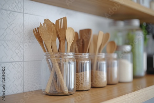 Organized collection of wooden cooking utensils on a shelf, ideal for kitchen or dining decor photo