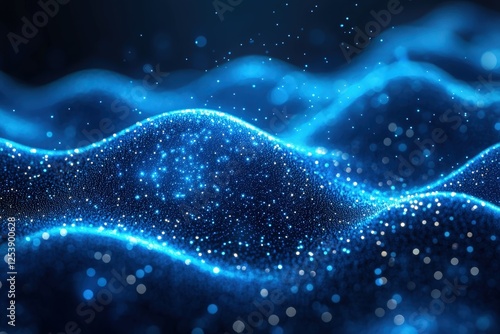 An abstract representation of blue waves flowing elegantly, accentuated with sparkling elements, creating a mesmerizing visual experience that evokes tranquility and depth.