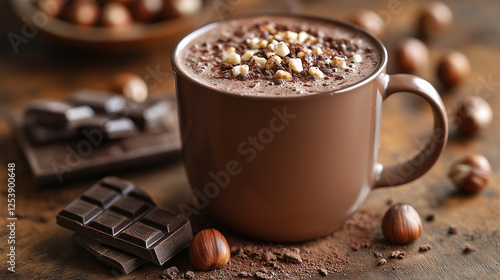 Rich and creamy hot chocolate with hazelnuts in a warm cup photo