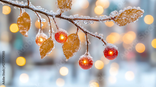 A branch with red berries and golden leaves dusted with snow.
