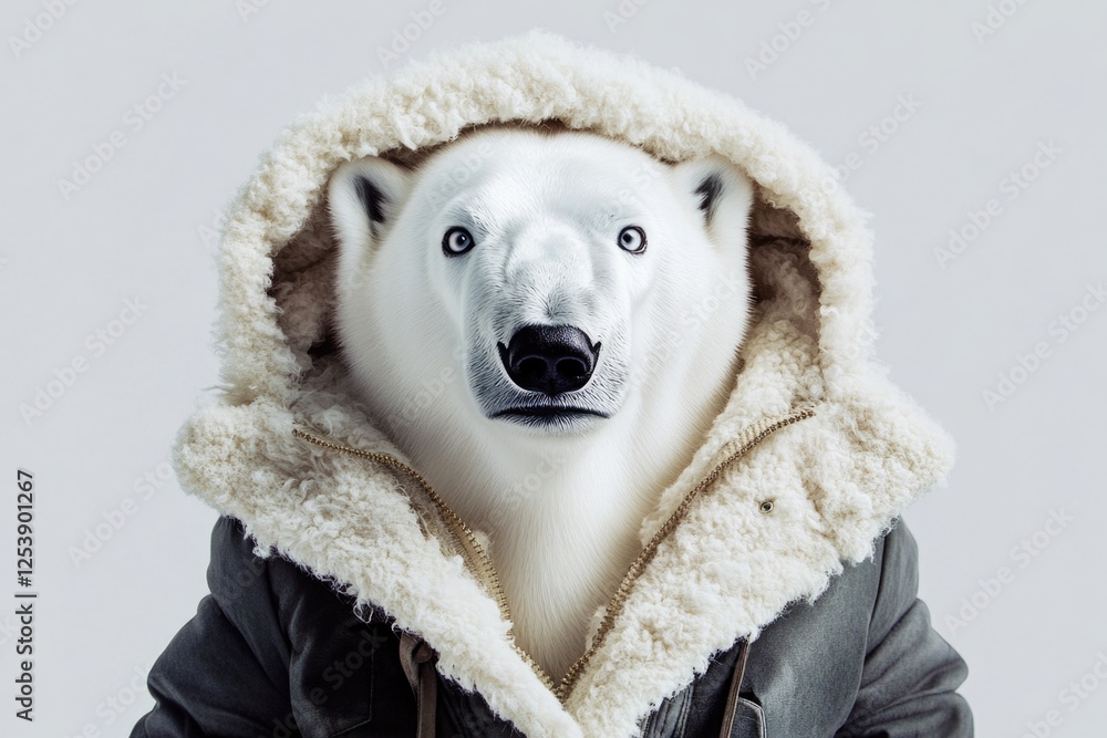 A polar bear wearing a jacket with a hood, perfect for cold weather scenes or Arctic-themed designs A polar bear wearing a jacket with a hood, perfect for cold weather scenes or Arctic-themed designs