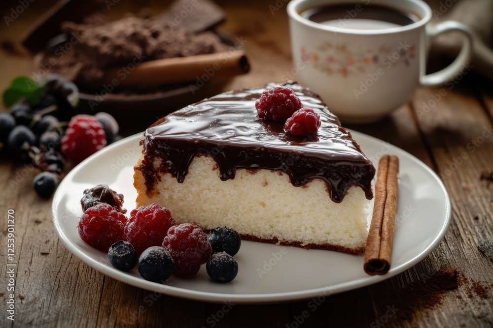 Coffee with milk foam, a piece of cake with chocolate glaze, Warm light creating a cozy atmosphere Coffee with milk foam, a piece of cake with chocolate glaze, Warm light creating a cozy atmosphere