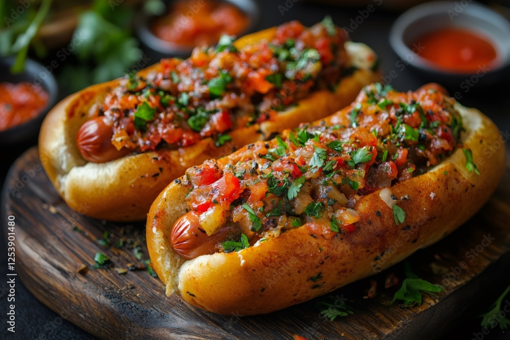 Gourmet hot dogs topped with fresh salsa Gourmet hot dogs topped with fresh salsa