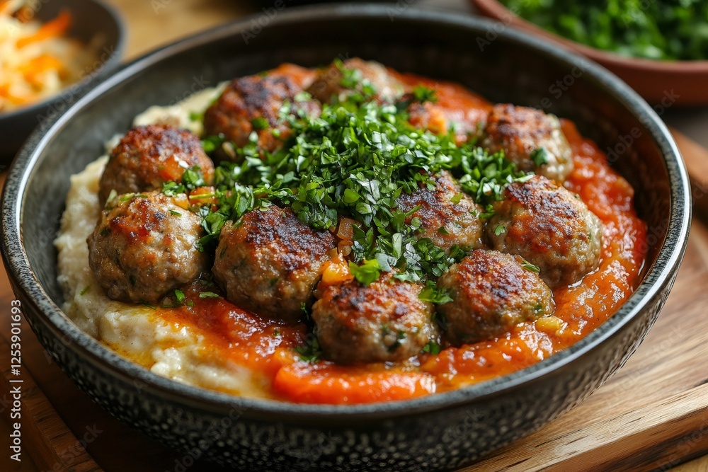 Savory meatballs with tomato sauce on creamy polenta Savory meatballs with tomato sauce on creamy polenta
