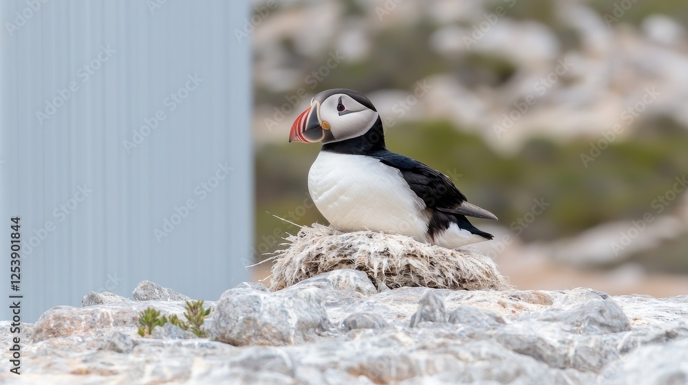 Obraz premium Puffin on nest, coastal rock outcrop. Possible use Nature, wildlife photography