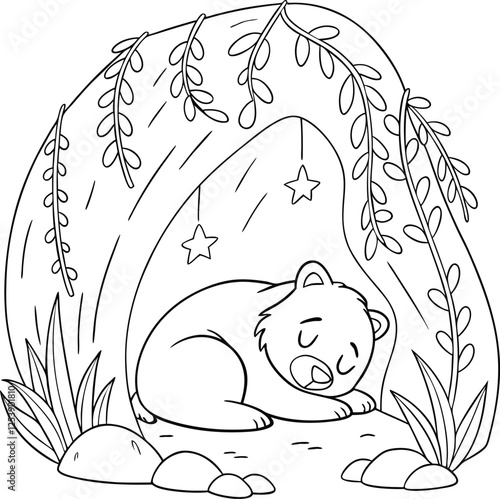 Sleeping Bear Cub in Cave, Nature Scene, Coloring Page