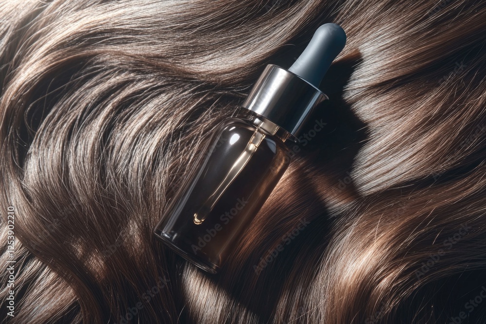 Fototapeta premium A bottle of liquid is situated on top of a person's hair, with unknown context