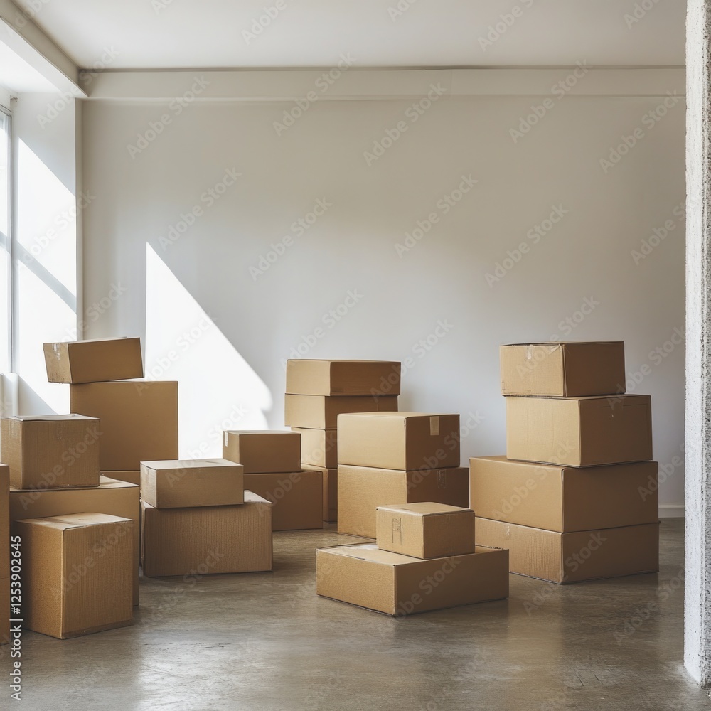A cluttered room filled with numerous cardboard boxes, ideal for business or home storage solutions A cluttered room filled with numerous cardboard boxes, ideal for business or home storage solutions