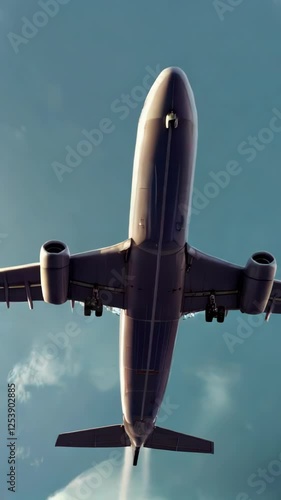 Commercial Airplane Flying in the Sky with Clouds. Video. Vertical.