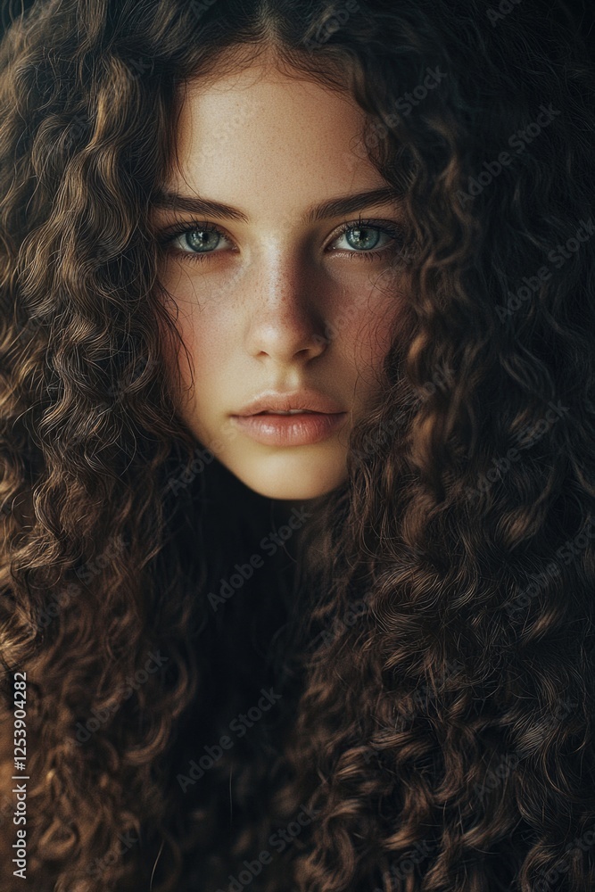 Young woman with long curly hair, portrait style Young woman with long curly hair, portrait style
