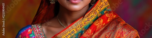 A woman wearing a colorful sari, perfect for cultural or traditional themed images photo