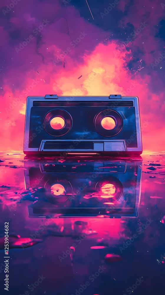 Fototapeta premium Futuristic items in retrowave style, neon lights and bold colors, evoking 80s nostalgia, drawn in comic book style