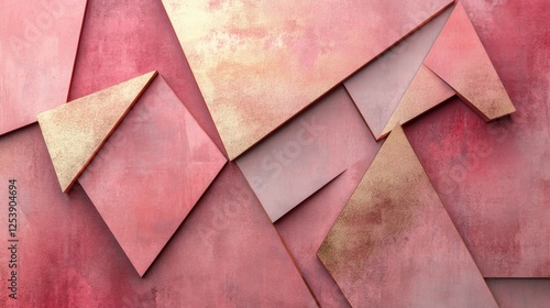 Abstract arrangement of textured geometric shapes in shades of pink