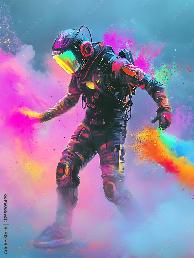 Fototapeta premium Futuristic holi robots throwing colorful powders