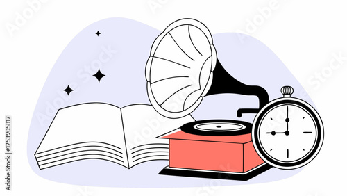 A vintage phonograph with a red base, an open book, and a stopwatch are displayed together, evoking a sense of nostalgia. Stars hover in the background against a soft, light purple shape.AI