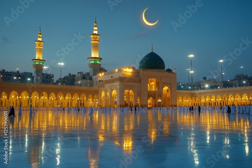 Nabawi mosque reflecting on wet floor at dusk with crescent moon photo