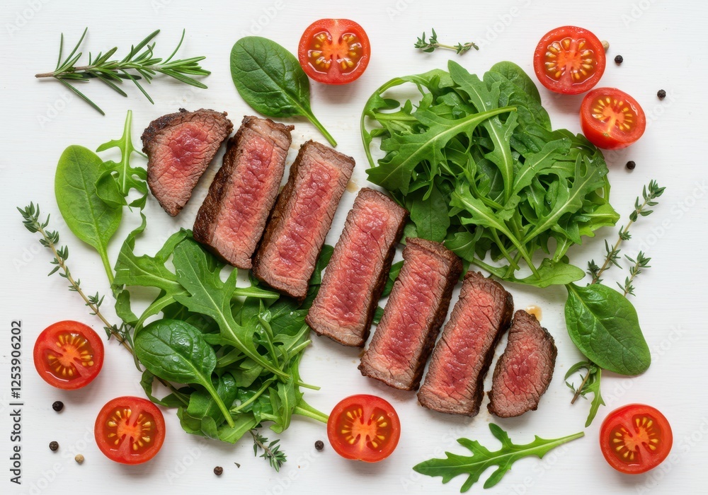 Slices of grilled beef paired with fresh greens, cherry tomatoes and herbs isolated on white background Slices of grilled beef paired with fresh greens, cherry tomatoes and herbs isolated on white background