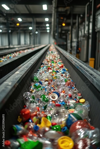 Sorting chaos at recycling facility conveyor belt full of bottles industry view photo