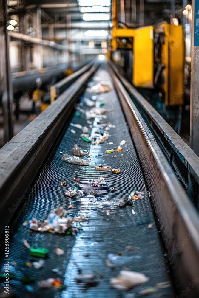 Sorting trash chaos at recycling facility conveyor belt industrial environment Sorting trash chaos at recycling facility conveyor belt industrial environment