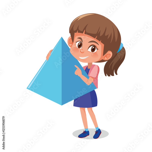 school kid girl holding blue color pyramid in hand