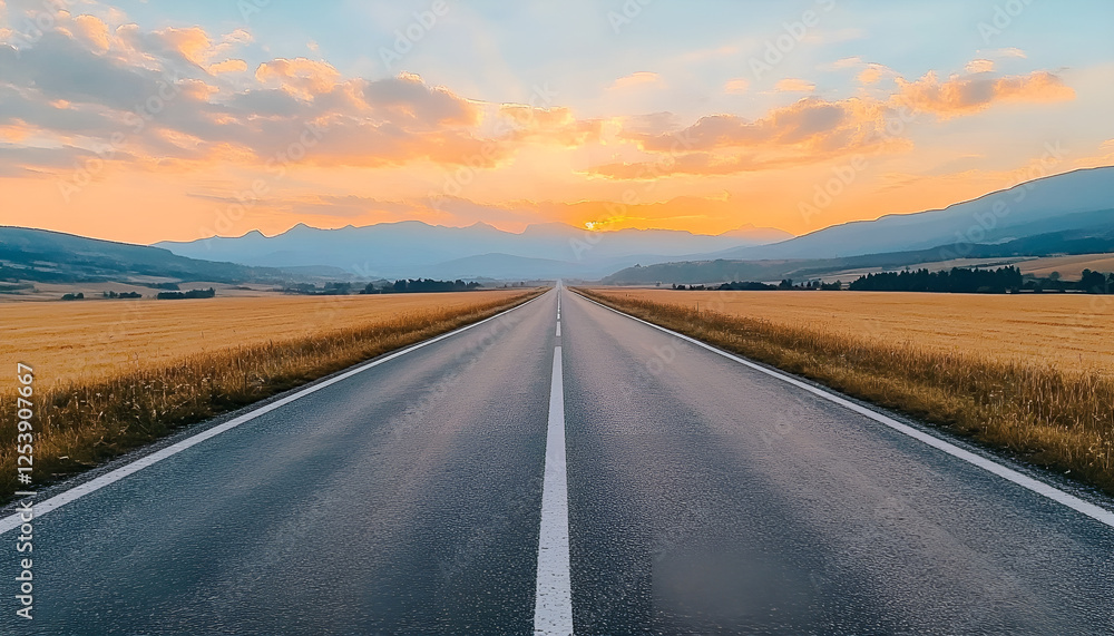 Fototapeta premium Endless highway during vibrant sunset with dramatic clouds over vast landscape