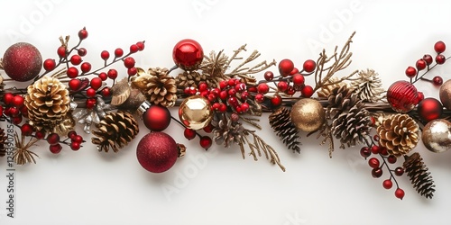 Christmas Garland On White Background With Some Red Ball 