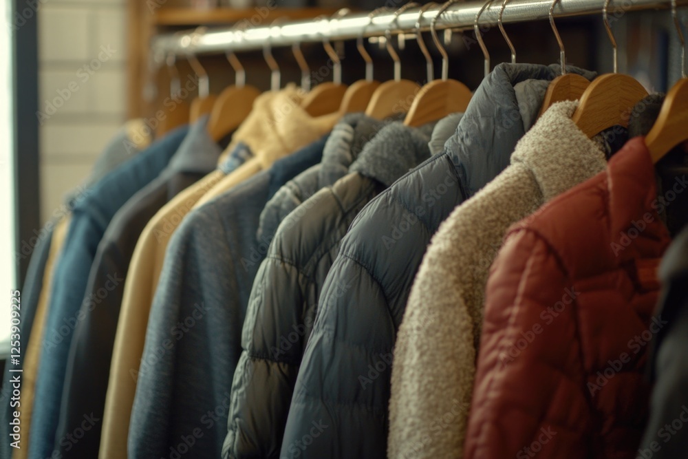 Fototapeta premium Jackets on display, clothing store interior, retail setting