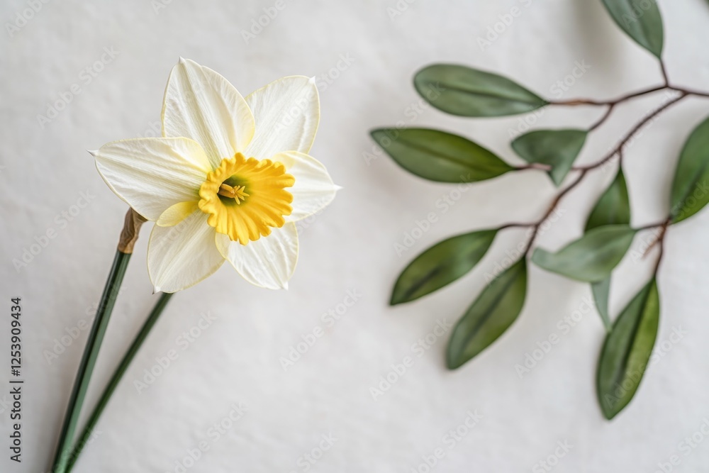Obraz premium A single white daffodil sits next to a green leaf, symbolizing new beginnings and hope