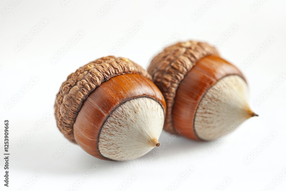 A pair of acorns placed on a clean, white surface